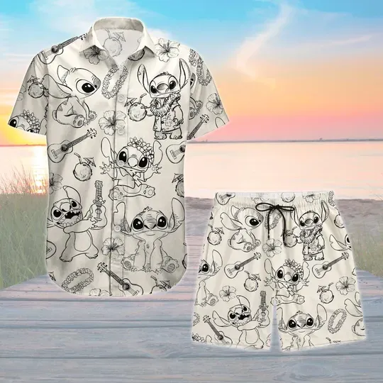 Lilo And Stitch Hawaiian Shirt and Shorts, Disney Stitch Button Shirt, Cute Alien Hawaii Shorts, Disneyland Tee