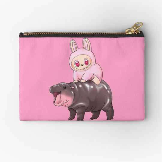 Labubu Riding Moo Deng Macaron Pink Dada Cute Zipper Pouch, Cute Bags Gift, Gift for Fan