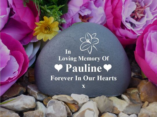 Memorial Pebble - Personalized - Weatherproof - Lily Design - Freestanding