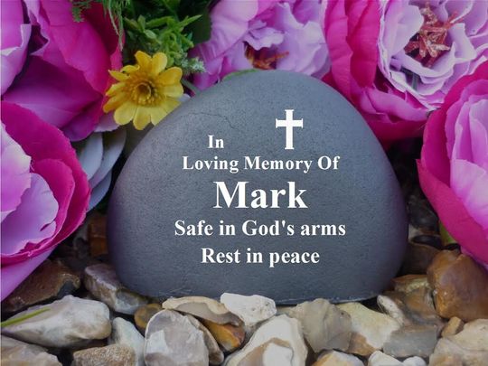 Memorial Pebble - Personalized - Weatherproof - Cross Design - Freestanding