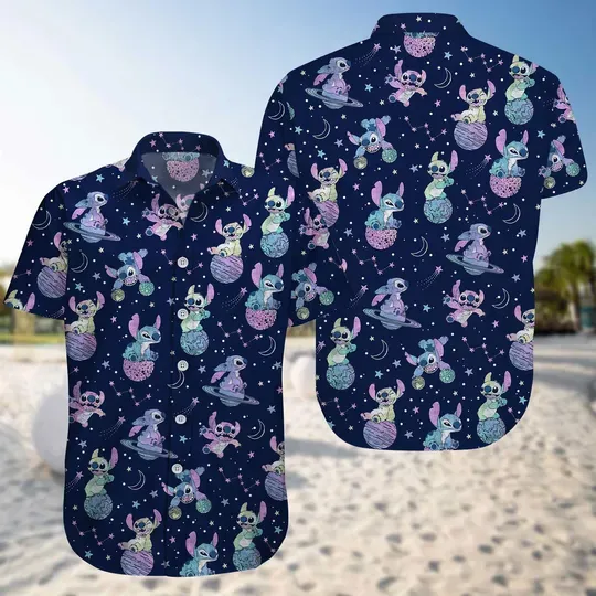 Cute Stitch Hawaiian Shirt, Alien Summer Shirt, Kawaii Beach Vacation, Disney Button Up Shirt, Gift For Him