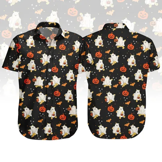 Halloween Winnie The Pooh Ghost Button Shirt, Fall Autumn Leaf Shirt Hawaiian Shirt, Spooky Season Shirt, Halloween Party Gift