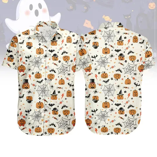 Pumpkin Halloween Button Shirt, Cute Ghost Hawaii Shirt, Spooky Season Gift, Trick Or Treat Shirt, Halloween Gift