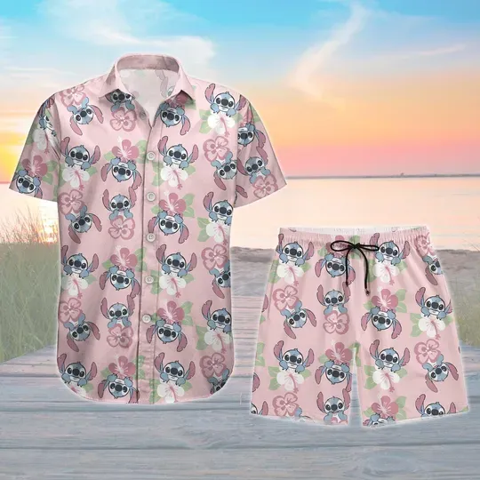 Stitch Button Shirt Shorts, Lilo And Stitch Vacation Outfit, Disney Cruise Shirt, Blue Alien Summer Set, Stitch Floral Hawaii Shorts