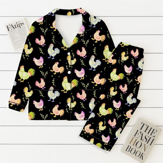 Colorful Rooster Pajamas Set, Cute Chicken Sleepwear, Farm Animal Shirt