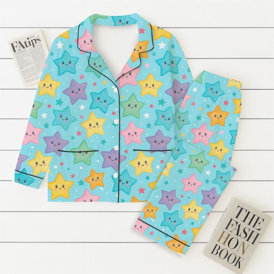 Cute Star Pajamas Set, Colorful Smiling Star Sleepwear, Galaxy Themed Nightwear