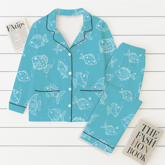 Fish Pajamas Set, Ocean Theme Sleepwear, Cute Sea Life Nightwear, Summer Loungewear
