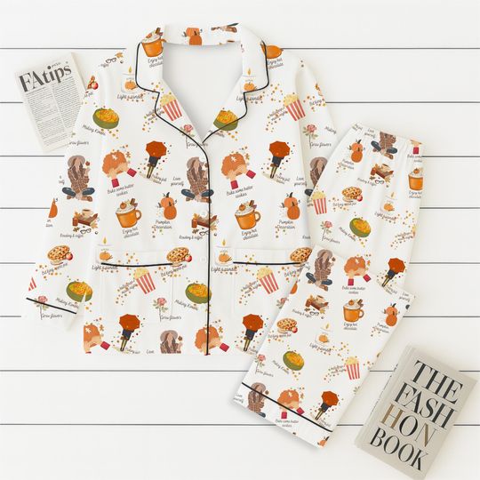 Autumn Bucket List Pajamas Set, Fall Cozy Shirt, Reading Pumpkin Sleepwear