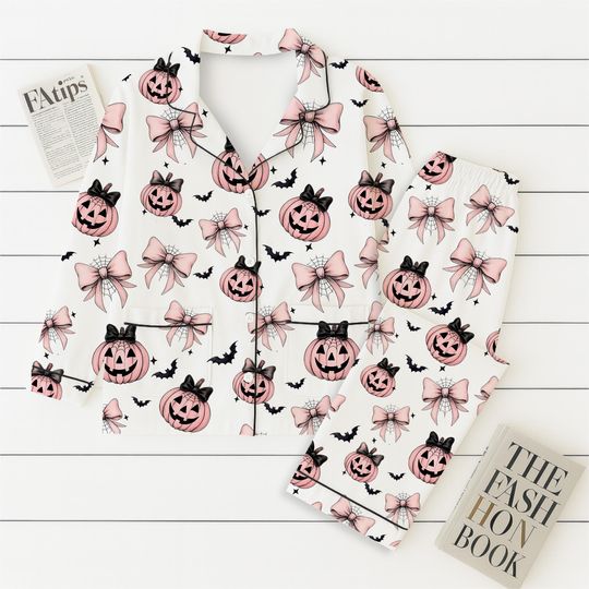 Cute Pink Bow Pumpkin Halloween Pajamas, Jack O Lantern Shirt, Spooky Season Sleepwear