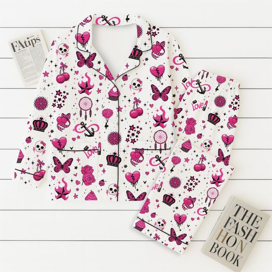 Halloween Pajamas Set, Y2K Butterfly Skull Star Crown Cherry Sleepwear