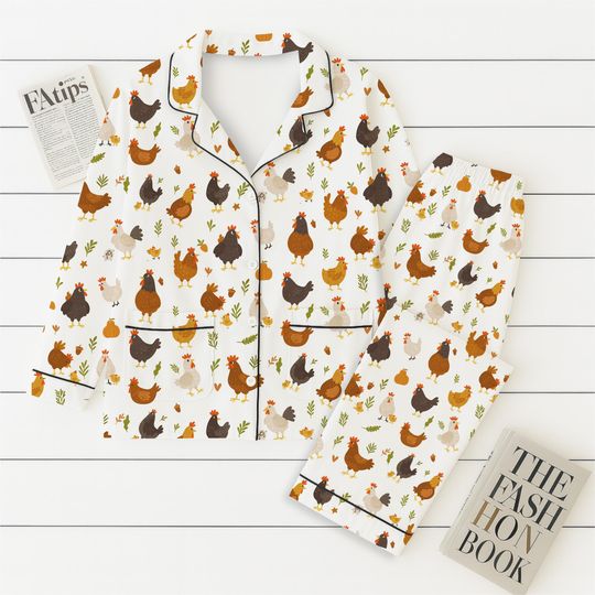 Farm Chicken Pajamas Set, Cozy Hen Sleepwear, Country Style Shirt