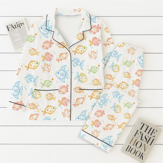 Colorful Fish Pajamas Set, Ocean Theme Sleepwear, Beach Vibe Matching Shirt