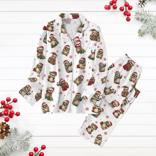Christmas Sloth Pajamas Set, Merry Slothmas Holiday Pajamas