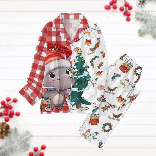 Christmas Moo Deng Pajamas Set, Cute Baby Hippo Holiday Pajamas