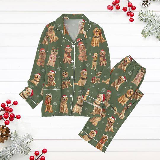 Christmas Golden Retriever Pajamas Set, Dog Christmas Lights Pajamas
