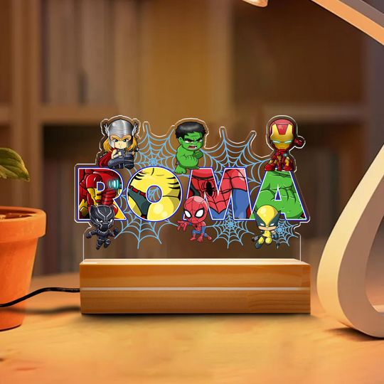 Custom Avengers Night Light, Spiderman Birthday Boy, Birthday Girl, Personalized Super Hero Lamp, Home Decor, Iron Man, Hulk, Thor Light
