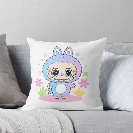 Pastel Blue and Purple Labubu with Flowers Pillow, Cute Labubu Pillows Gift, Gift for Fan