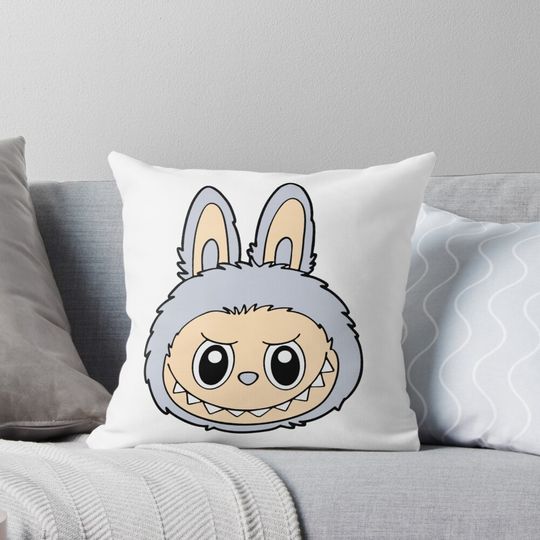 “Frosty Labubu Bunny Head – Soft Grey Mischief with a Bite | Cute Monster Face Art” Pillow