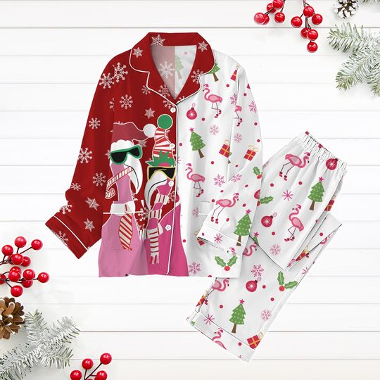 Flamingo Christmas Pajamas Set, Cute Flamingo Holiday Pajamas, Animal Xmas Womens Pajamas