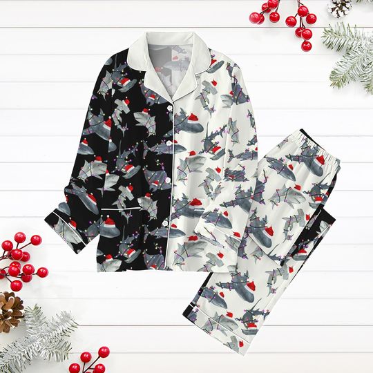 Shark Christmas Pajamas, Santa Hat Shark Holiday Pajamas, Animal Lover Xmas Pajamas