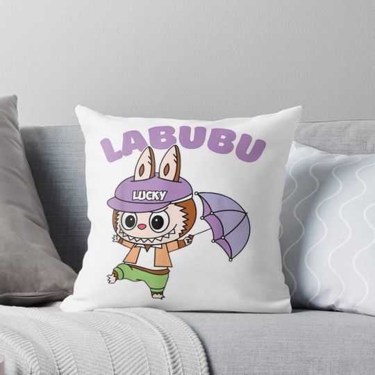 “Lucky Labubu in the Rain – Playful Cartoon Style Character” Pillow