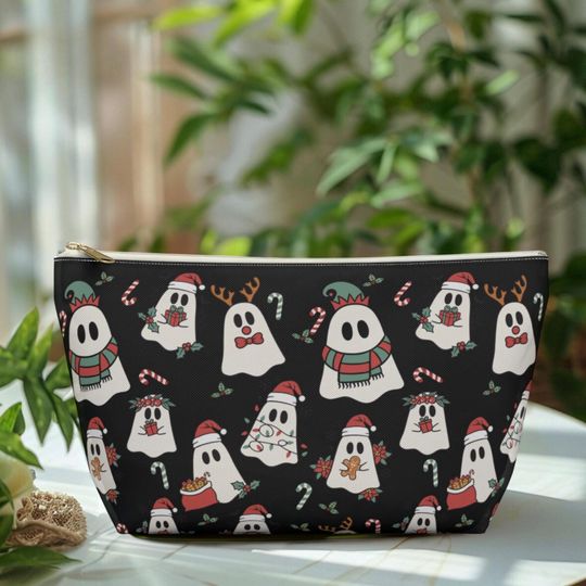 Spooky Christmas Ghost Makeup Pouch | Holiday Cosmetic Bag | Halloween Travel Organizer