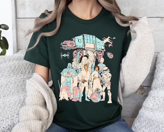 Vintage Star Wars Characters Group Shot T-Shirt, Vader Leia Luke Droids