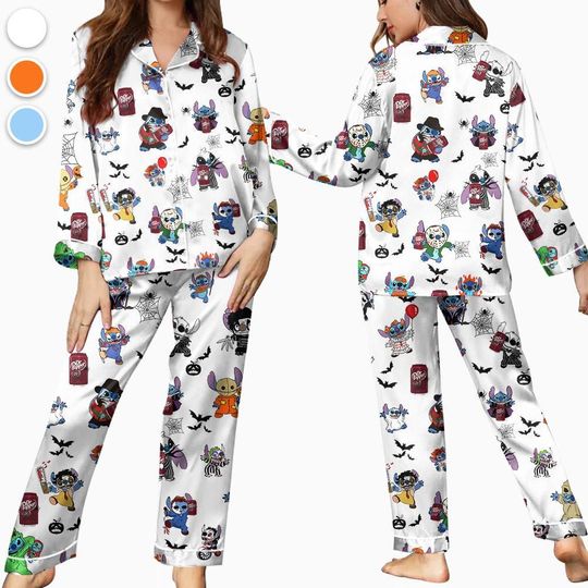 Halloween Dr Pepper Stitch Pajamas Set, Halloween Silk Pajamas, Womenswear