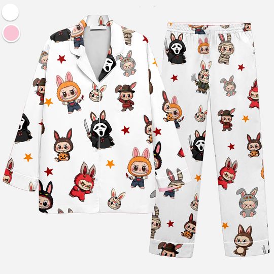 Labubu Horror Pajamas Set, Horror Character Pajamas, Button Up Sleepwear