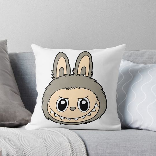 Grumpy Cuddle Monster – Brown Labubu Bunny Head Art Pillow