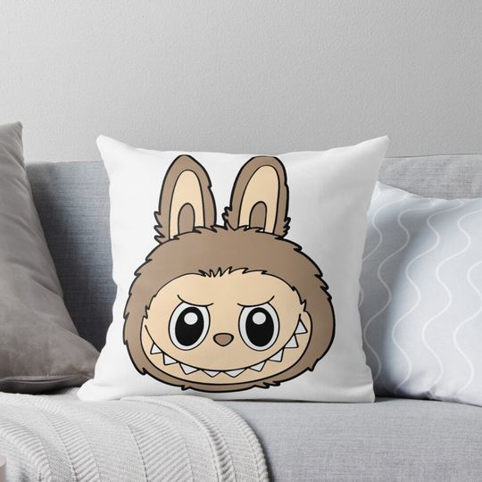 “Dark Cocoa Labubu Head – Sweet Looks, Sharp Smile | Cute Monster Face Design” Pillow