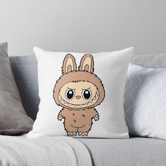 “Beige Bunny Labubu – Soft Chaos in Neutral Tones | Cute Monster Toy Design” Pillow