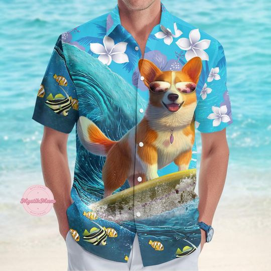 Corgi Surfing Hawaiian Shirt, Dog & Animal Summer Shirt, Family Vacation Pet Lover Gift