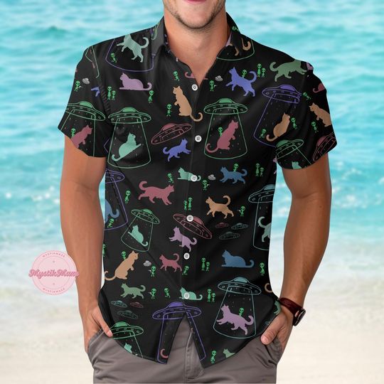 Cat Ufo Hawaiian Shirt, Cute Cat Aloha Shirt, Family Gathering Hawaiian Top