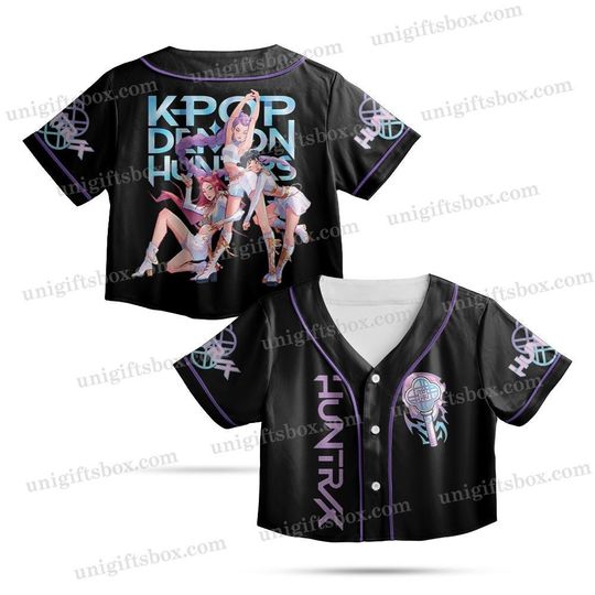 Huntrix Girls Kpop Demon Hunters Crop Top Jersey, K-pop Demon Hunters Merch Shirt, HUNTR/X Girl Rumi Mira Zoey, Bootleg Retro Movie Shirt