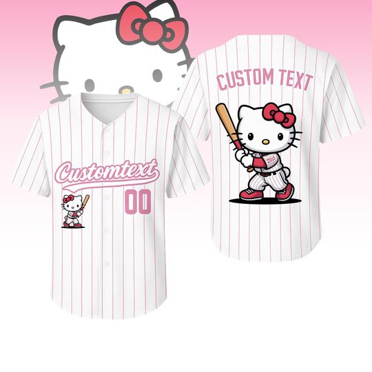 Personalized Hello Kitty Pink Baseball Jersey for Women, Cute Kawaii Cat Team Shirt
