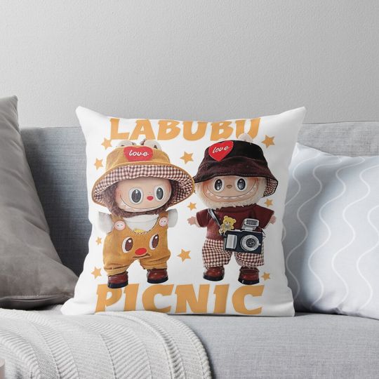 meme funny labubu picnic with f r i e n d s pillow, cute labubu pillows gift, gift for fan