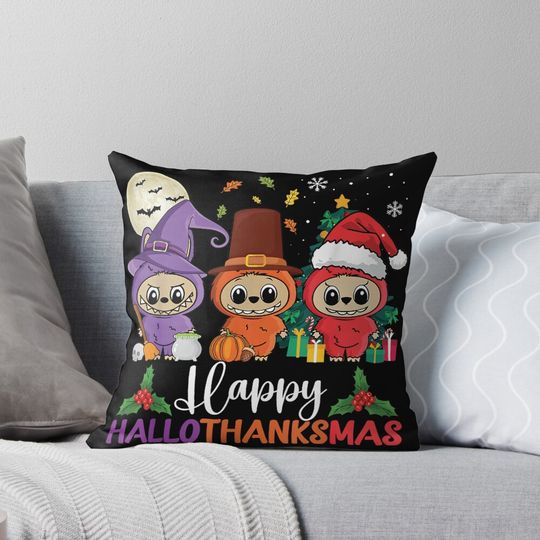 Happy - Hallothanksmas - Labubu Lover - H.a.l.l.o.w.e.e.n Pillow, Cute Labubu Pillows Gift, Gift for Fan