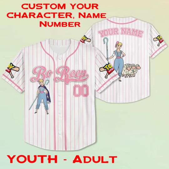 Custom Name & Number Toy Story Bo Peep Pink Baseball Jersey, Toy Story Bo Peep Jersey, Bo Peep Pink Birthday Funny Family Matching Jersey