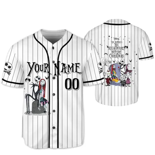 Personalized Skellington Vs Sally Couple Halloween Striped Baseball Jersey Shirt