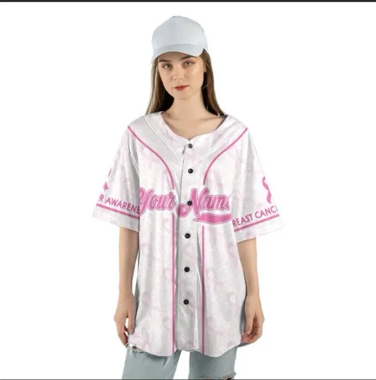 Personalized Coquette Bow Fight Breast Cancer Survivor Baseball Jersey Shirt