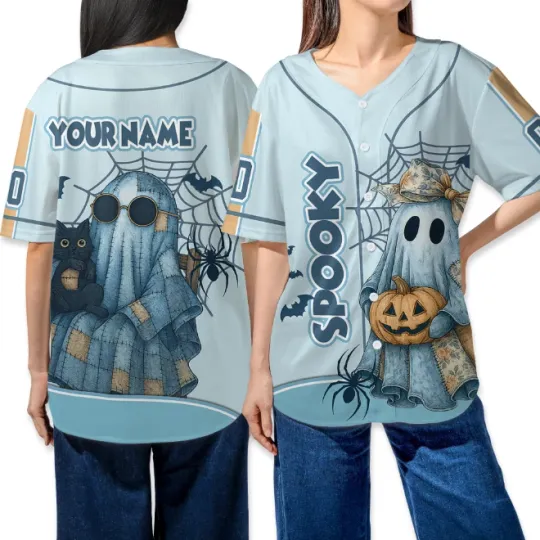 Personalized Cute Ghost Patchwork Highland Halloween Baseball Jersey Shirt