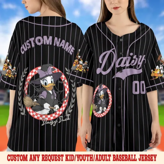 Personalized Cute Daisy Duck Witch Broom Halloween Baseball Jersey Shirt