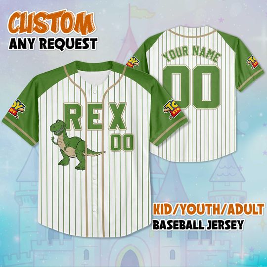 Custom Rex Toy Story Baseball Jersey, Disney Rex Jersey, Disney Baseball Jersey Sports Team, Disneyland Family Trip 2025