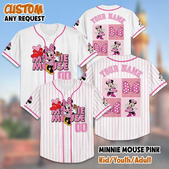 Personalized Minnie Mouse Pink Baseball Jersey, Disneyland Minnie Mouse Jersey Shirt, Disney Trip 2025 Baseball Team Outfit
