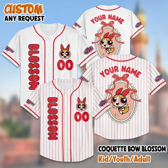 Personalized Coquette Bow Blossom Baseball Jersey, Custom Blossom Jersey Shirt, Blossom The Powerpuff Girls Birthday Gift
