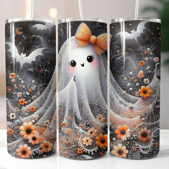 Ghost, Halloween, Fall, Autumn, Floral, Ready To Press, Print Out Transfer, 20 oz, Skinny Tumbler Transfer, NOT A DIGITAL
