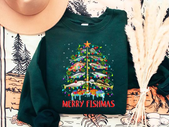 Merry Fishmas Sweatshirt, Fish Christmas Tree Shirt, Fisher Christmas Sweater