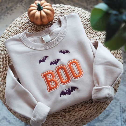 BOO Embroidered Halloween Sweatshirt, Spooky & Funny Halloween Sweater