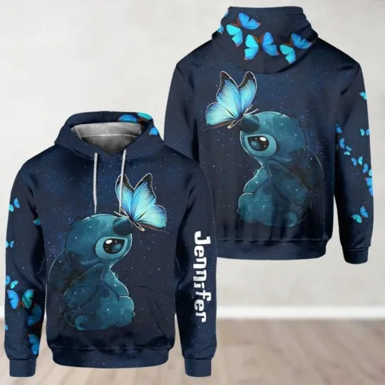 Personalized Stitch With Butterfly On Nose Galaxy Themed Hoodie 3D Printed